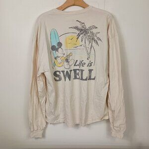 Disney Mickey Mouse Mens T Shirt Large Cream  Long Sleeve Tropical Vacation Tee